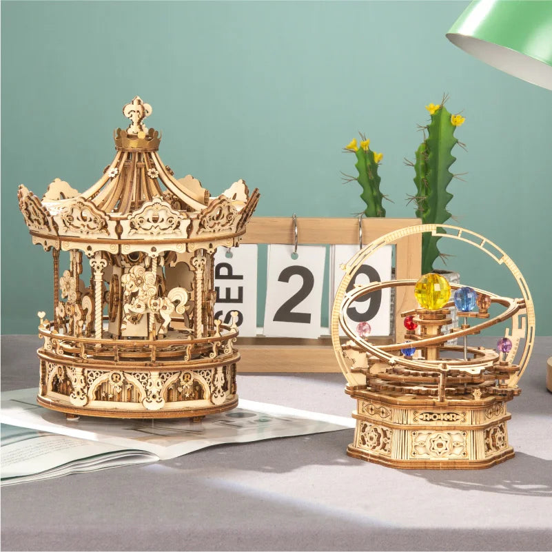 Robotime 3D Wooden Puzzle - 336pcs Rotatable DIY- Carousel Game Gift for -Assembly Music Box Toy