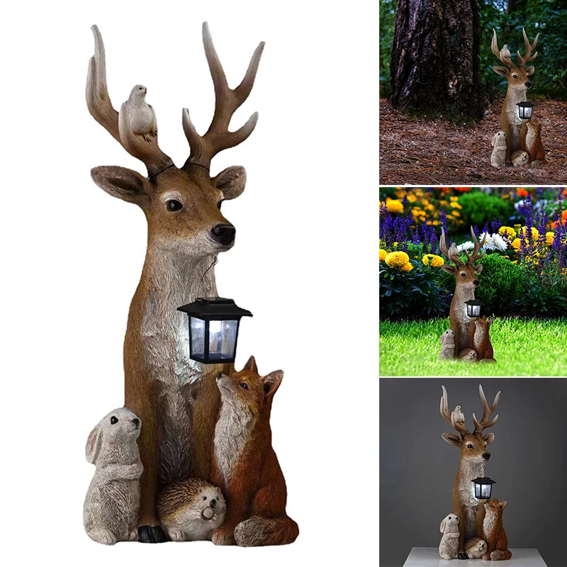 Deer Statue with Solar Light, Hand Painted Animals,  Outdoor Garden,