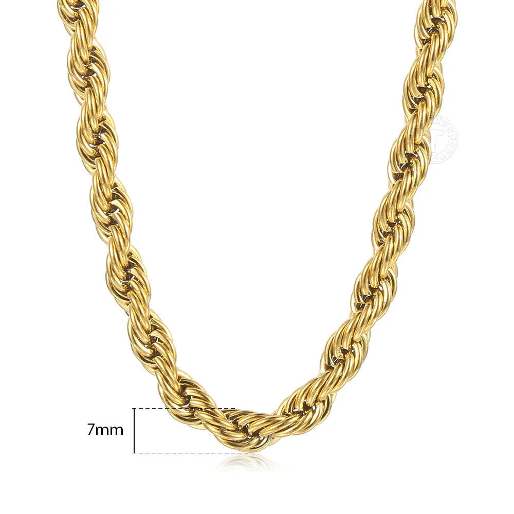 New Fashion Twisted Rope Link Chain -  Gold Color Stainless Steel Necklace for Men - Unisex Chain  22inch 3-7mm