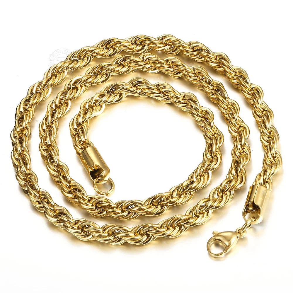 New Fashion Twisted Rope Link Chain -  Gold Color Stainless Steel Necklace for Men - Unisex Chain  22inch 3-7mm