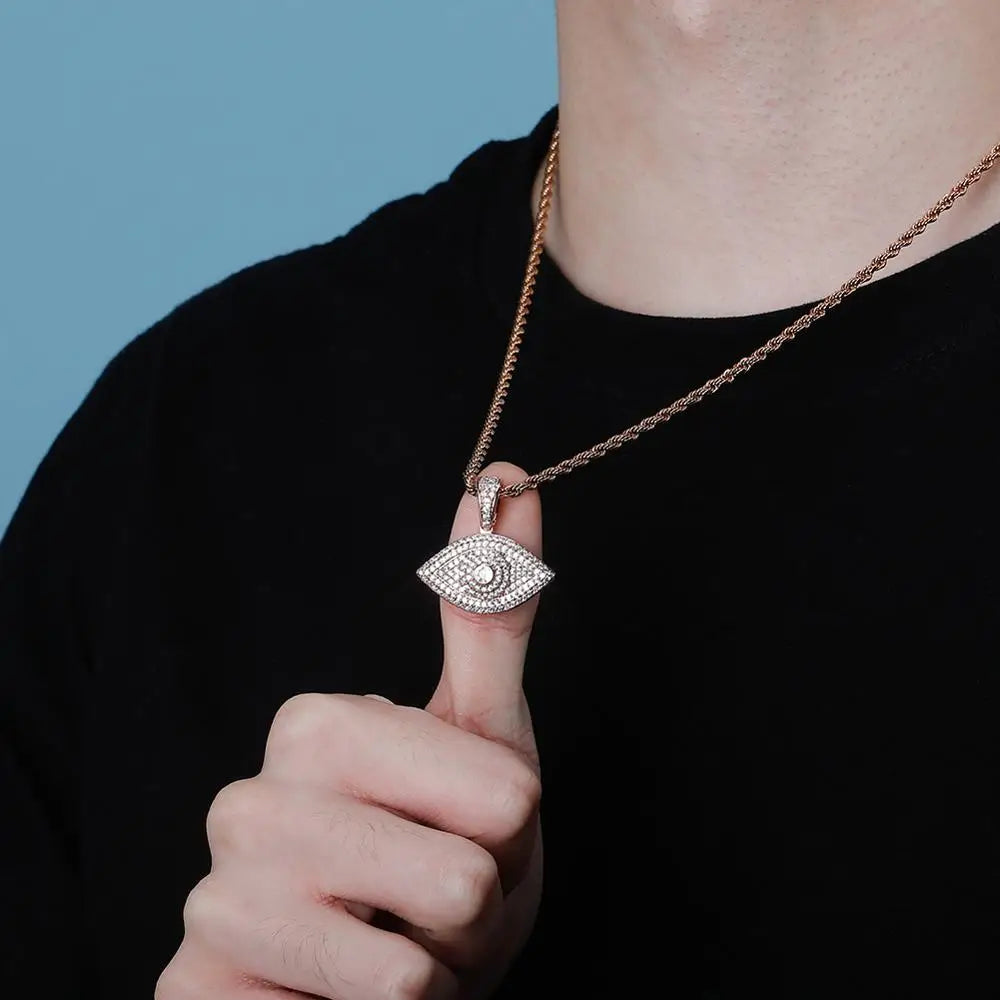 Evil Eye Pendant Necklace Iced Out -  Micro Pave Cubic Zirconia Pendant - Hip Hop Rock Fashion Jewelry