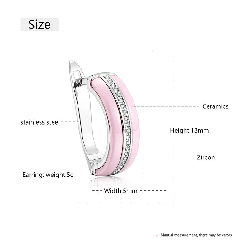 Fashion Ceramic Earring - U Shape Clip Up - Cubic Zirconia For Women -Black -White -Pink