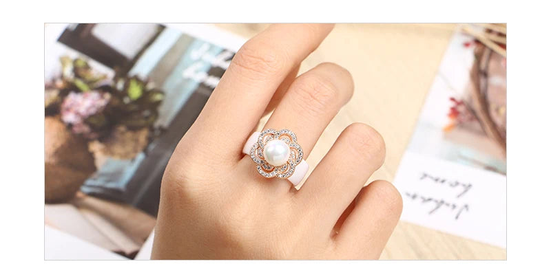 100% S925 Sterling Silver Women Rings - Iced Out CZ Crystal Flower - Pearl Ceramic Rings