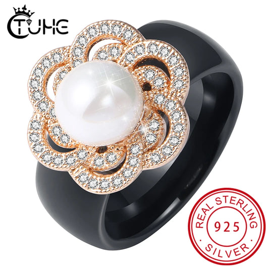 100% S925 Sterling Silver Women Rings - Iced Out CZ Crystal Flower - Pearl Ceramic Rings