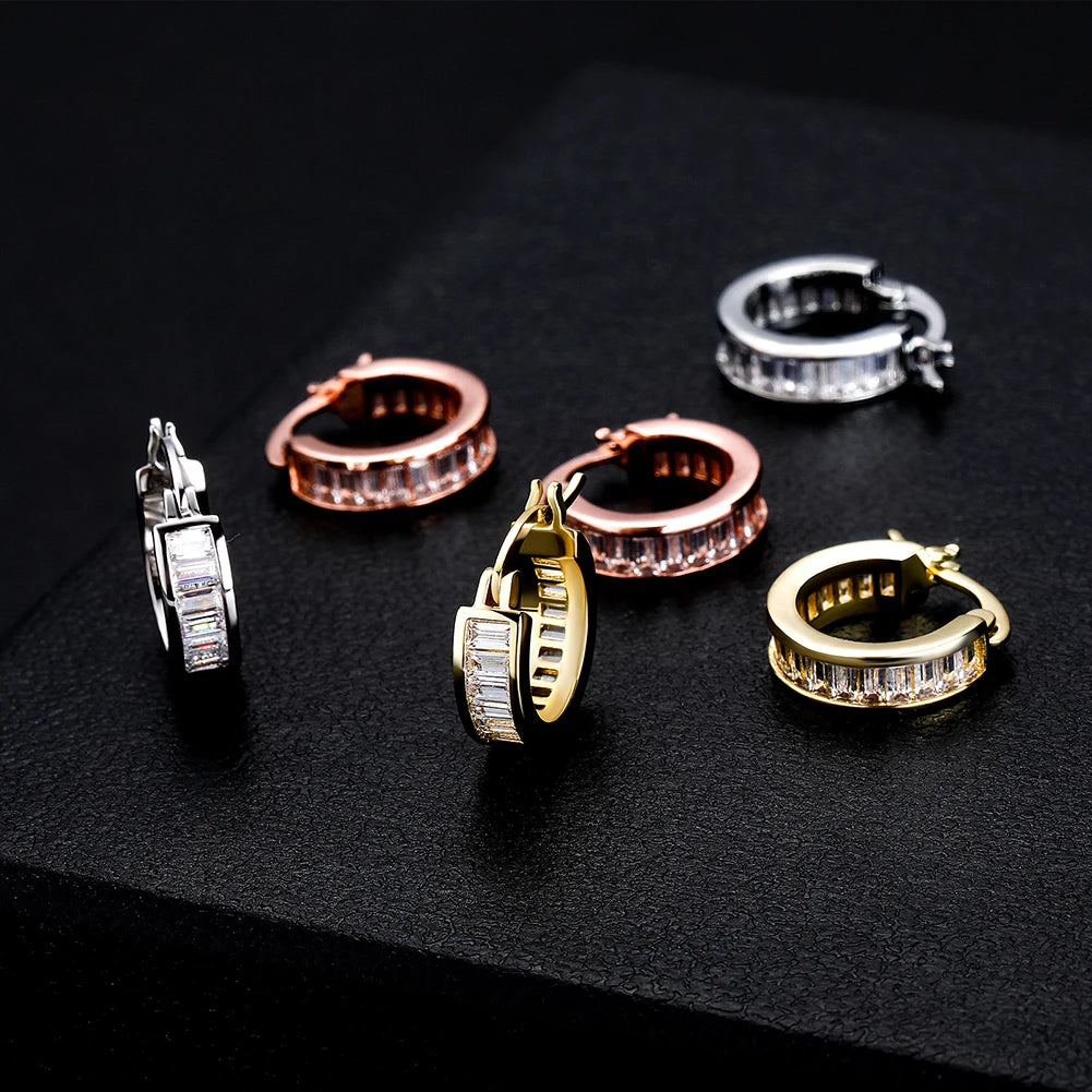 New Baguette Zircon Hoop Earrings - Gold Plated Iced Out CZ Earrings