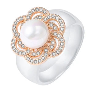 100% S925 Sterling Silver Women Rings - Iced Out CZ Crystal Flower - Pearl Ceramic Rings
