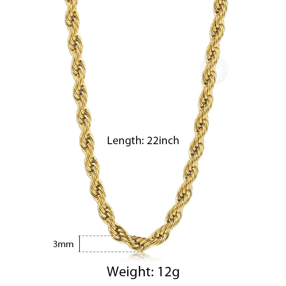 2mm-7mm Rope Chain Necklace Stainless Steel for Men Women - Gold Silver Color Chains