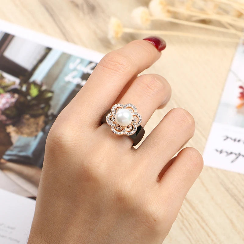 100% S925 Sterling Silver Women Rings - Iced Out CZ Crystal Flower - Pearl Ceramic Rings