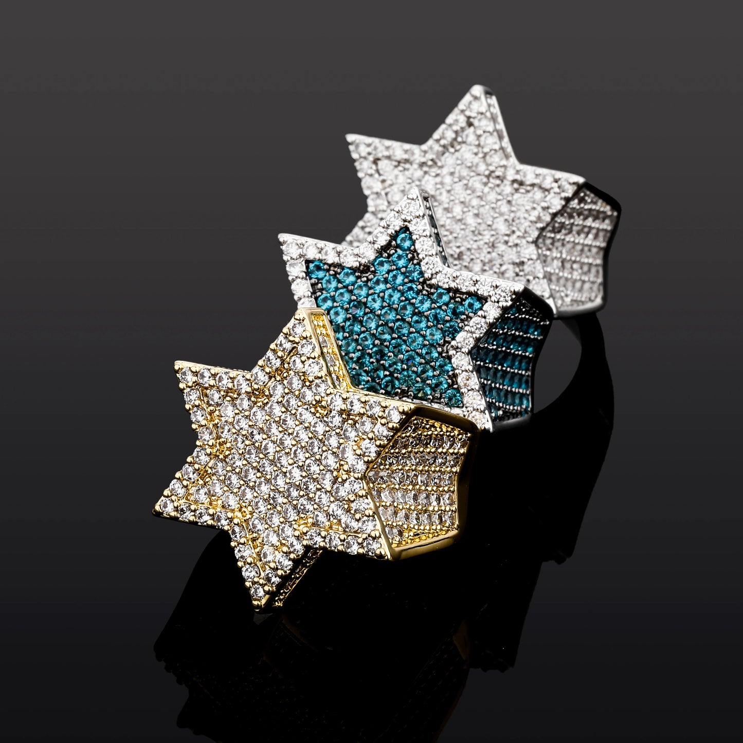New Iced Out Hexagon Star Rings For Men/Women - Micro Paved Gold /Silver Color - Finish Cubic Zircon