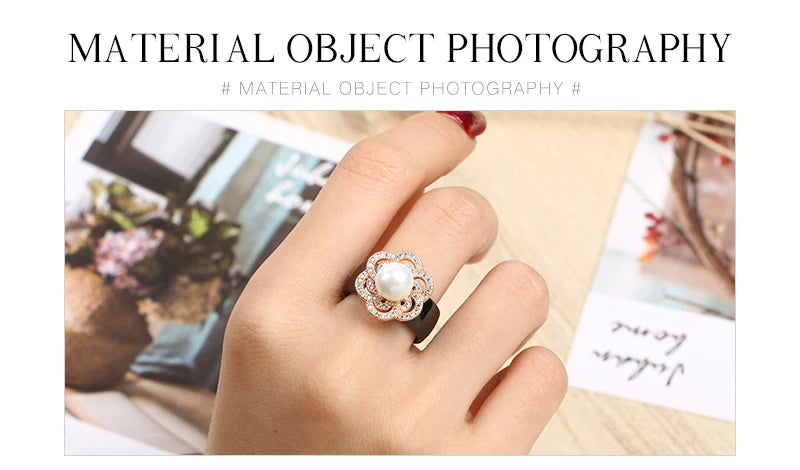 100% S925 Sterling Silver Women Rings - Iced Out CZ Crystal Flower - Pearl Ceramic Rings