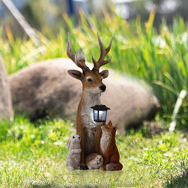 Deer Statue with Solar Light, Hand Painted Animals,  Outdoor Garden,