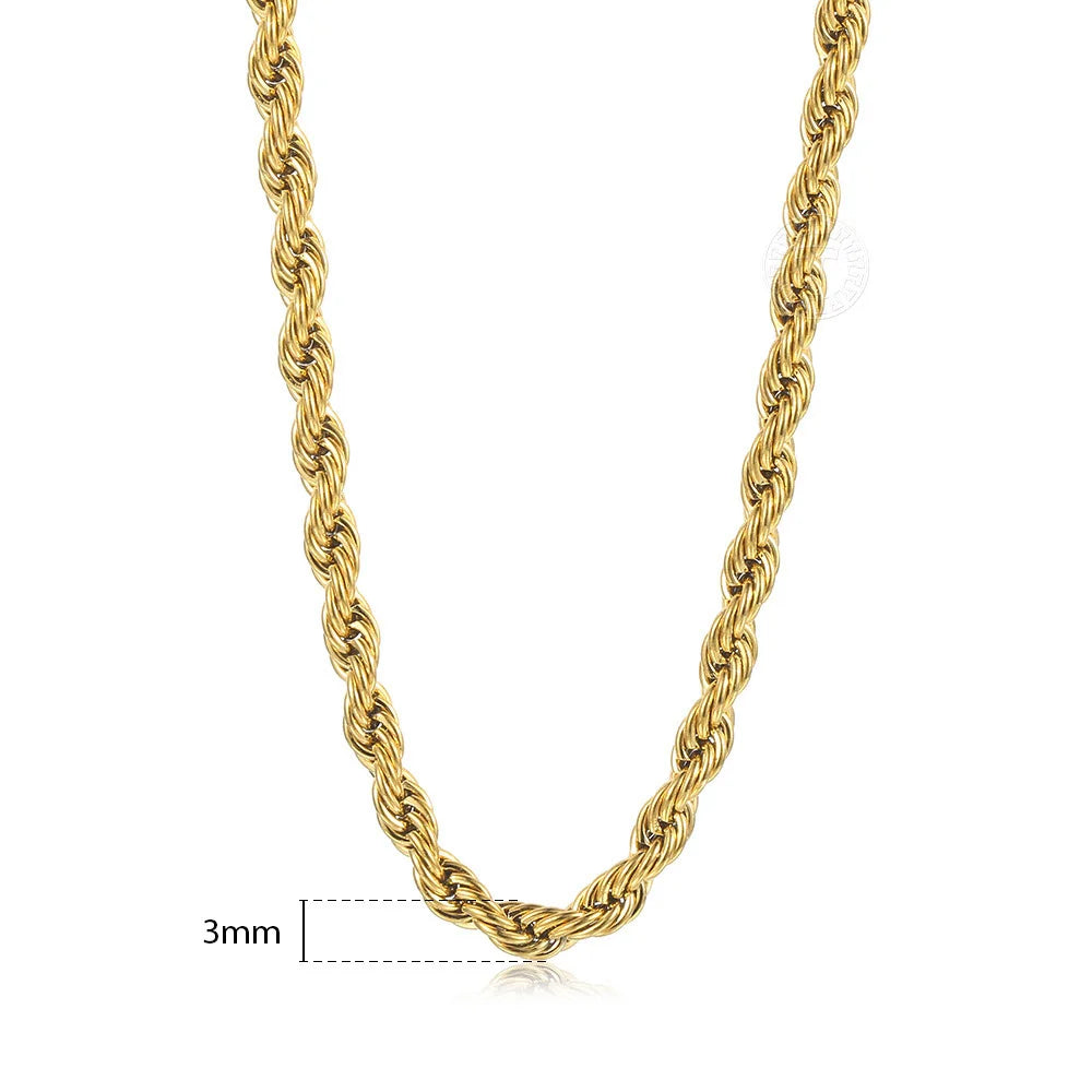 New Fashion Twisted Rope Link Chain -  Gold Color Stainless Steel Necklace for Men - Unisex Chain  22inch 3-7mm