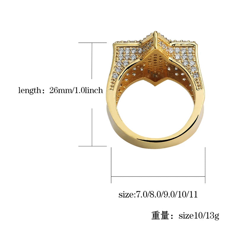 New Iced Out Hexagon Star Rings For Men/Women - Micro Paved Gold /Silver Color - Finish Cubic Zircon