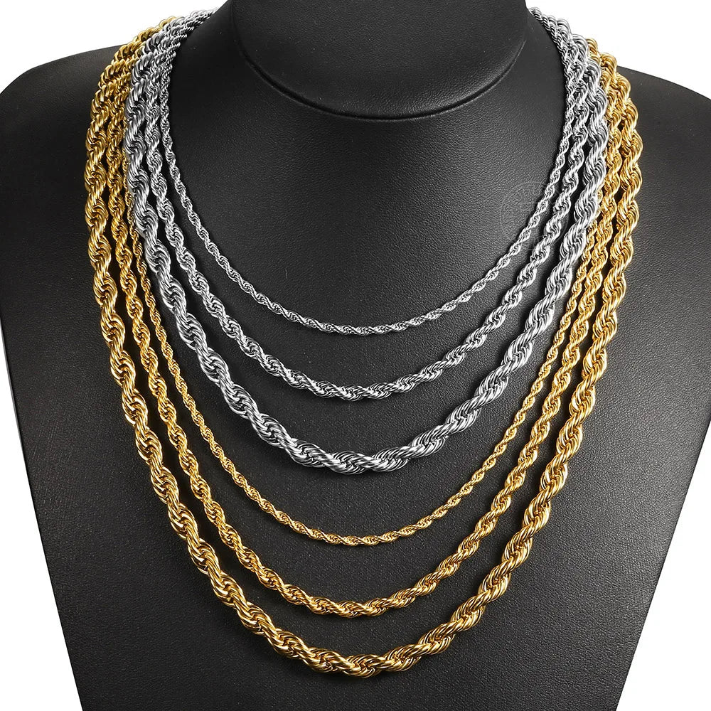 New Fashion Twisted Rope Link Chain -  Gold Color Stainless Steel Necklace for Men - Unisex Chain  22inch 3-7mm