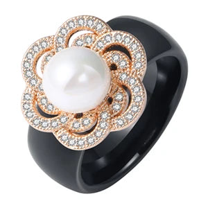100% S925 Sterling Silver Women Rings - Iced Out CZ Crystal Flower - Pearl Ceramic Rings