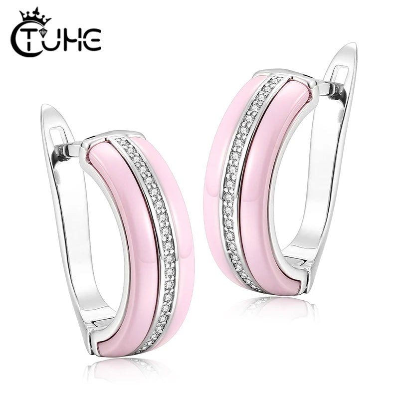 Fashion Ceramic Earring - U Shape Clip Up - Cubic Zirconia For Women -Black -White -Pink