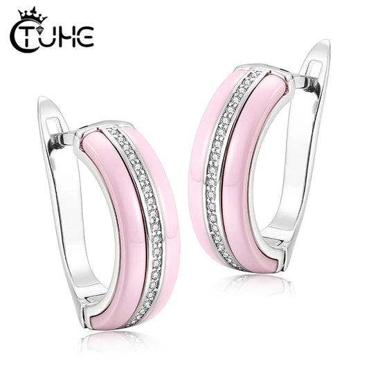 Fashion Ceramic Earring - U Shape Clip Up - Cubic Zirconia For Women -Black -White -Pink