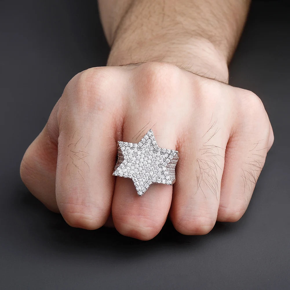New Iced Out Hexagon Star Rings For Men/Women - Micro Paved Gold /Silver Color - Finish Cubic Zircon