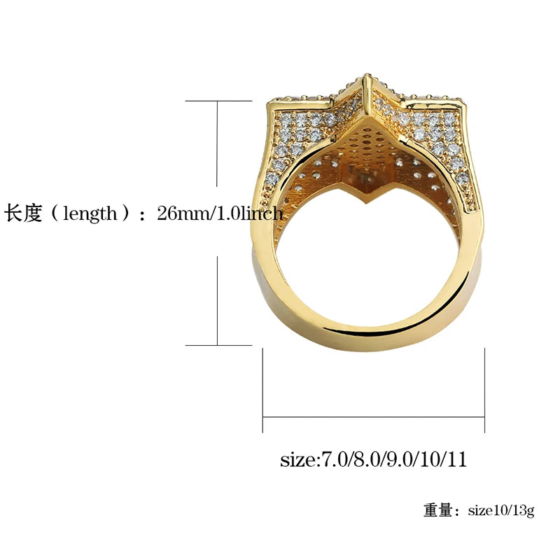 New Iced Out Hexagon Star Rings For Men/Women - Micro Paved Gold /Silver Color - Finish Cubic Zircon