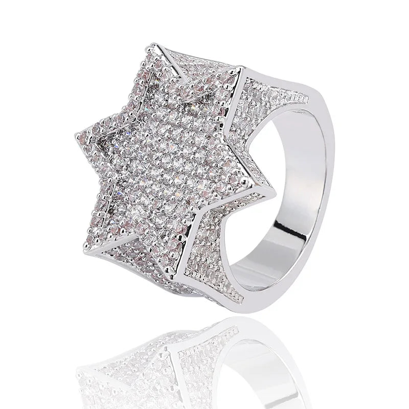 New Iced Out Hexagon Star Rings For Men/Women - Micro Paved Gold /Silver Color - Finish Cubic Zircon