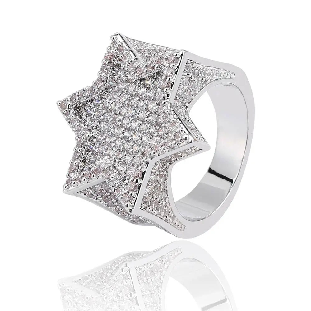 New Iced Out Hexagon Star Rings For Men/Women - Micro Paved Gold /Silver Color - Finish Cubic Zircon