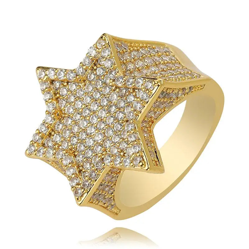 New Iced Out Hexagon Star Rings For Men/Women - Micro Paved Gold /Silver Color - Finish Cubic Zircon