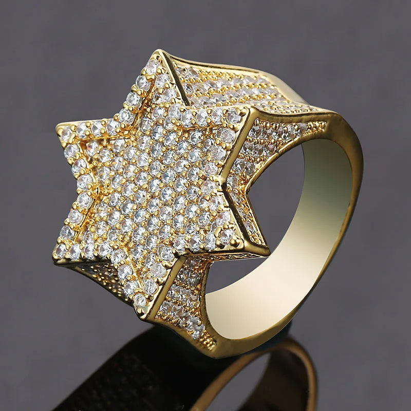 New Iced Out Hexagon Star Rings For Men/Women - Micro Paved Gold /Silver Color - Finish Cubic Zircon