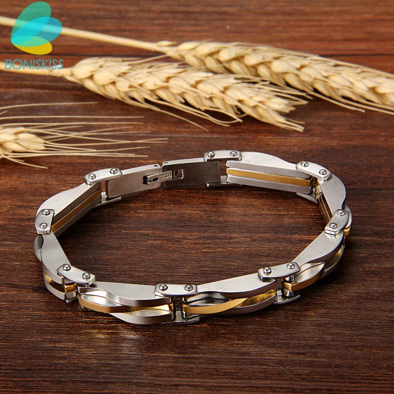 Men - Boys Stainless Steel Two Tone Bracelet - Gold/Silver Color