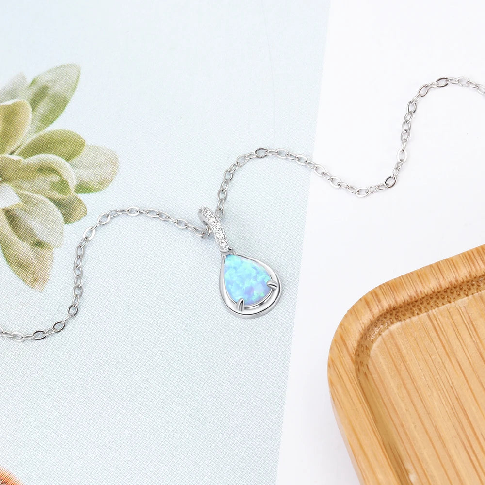 925 Sterling Silver Water Drop Blue Opal Necklaces for Women