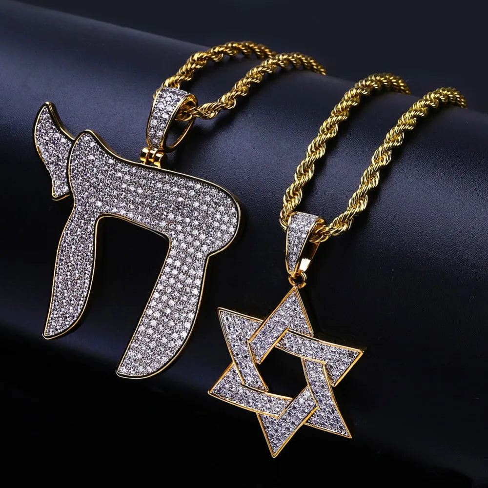 Gold Color Plated Iced Out Micro Pave CZ Stone Jewish Symbol  - Chai Charms Pendant