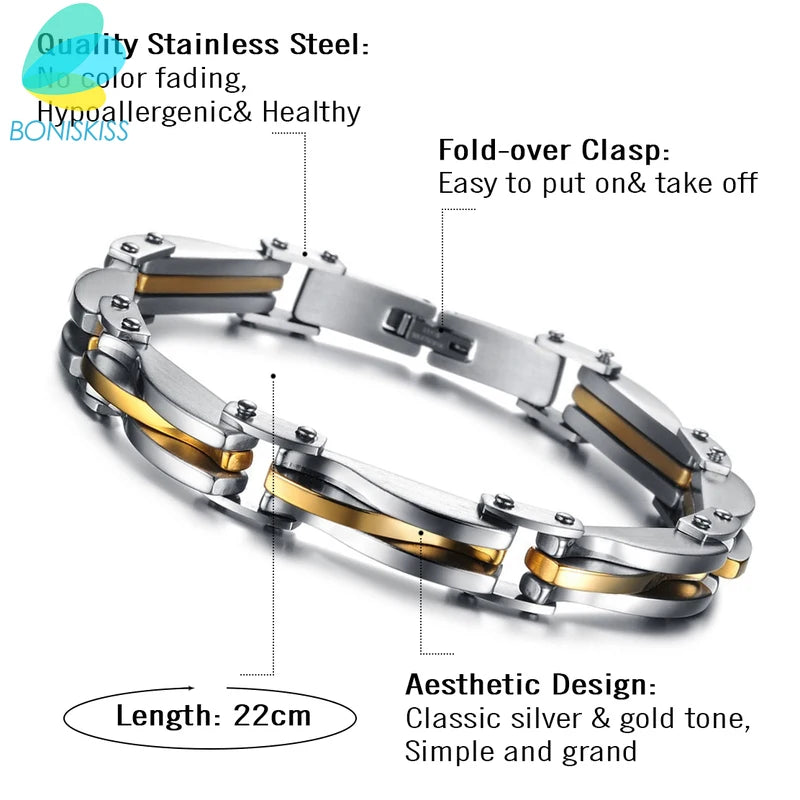Men - Boys Stainless Steel Two Tone Bracelet - Gold/Silver Color