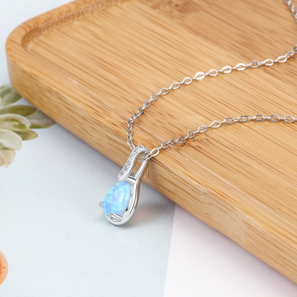 925 Sterling Silver Water Drop Blue Opal Necklaces for Women