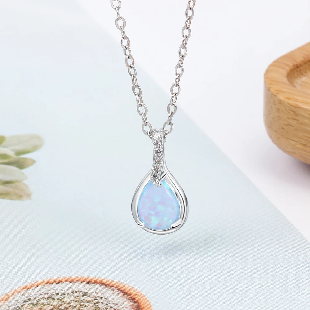 925 Sterling Silver Water Drop Blue Opal Necklaces for Women