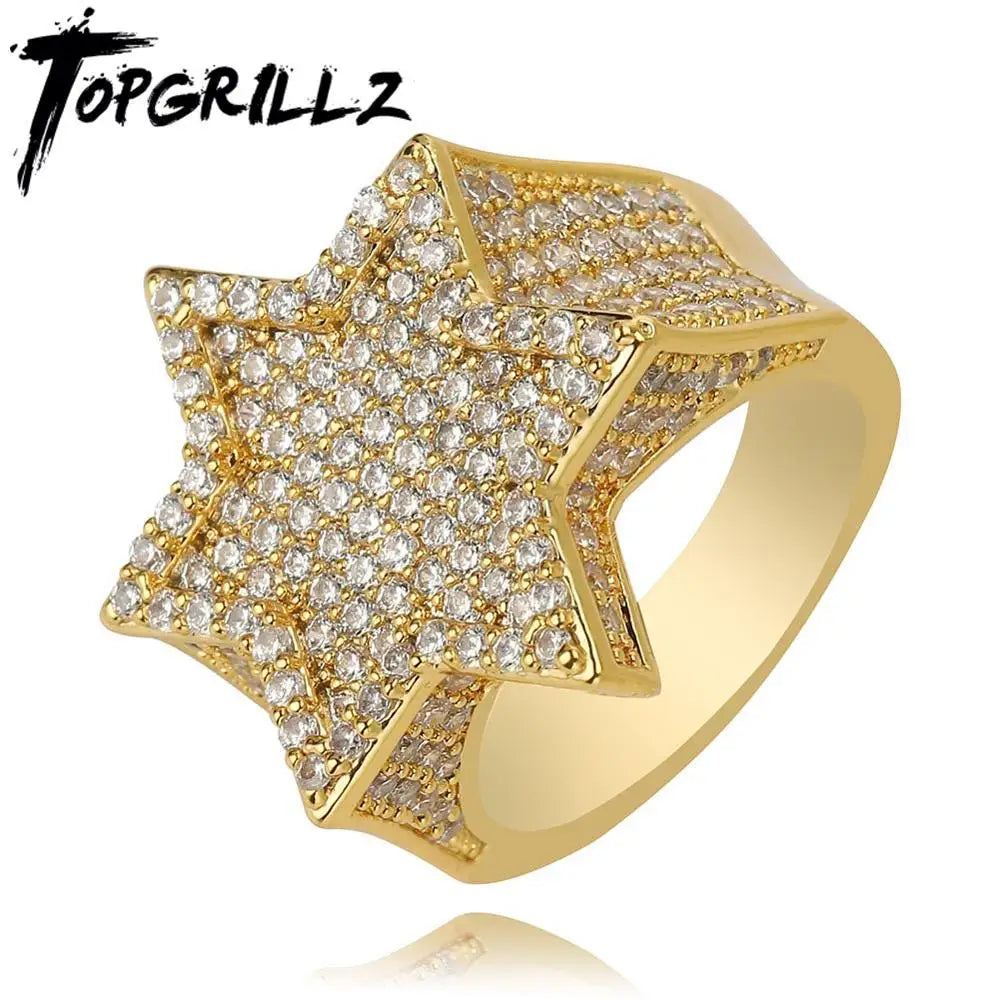 New Iced Out Hexagon Star Rings For Men/Women - Micro Paved Gold /Silver Color - Finish Cubic Zircon