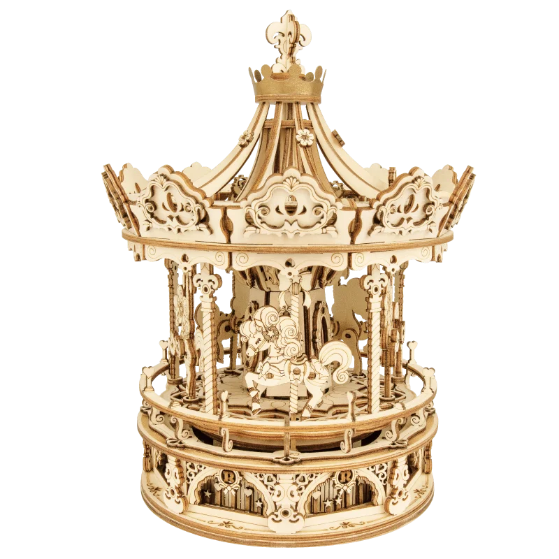 Robotime 3D Wooden Puzzle - 336pcs Rotatable DIY- Carousel Game Gift for -Assembly Music Box Toy