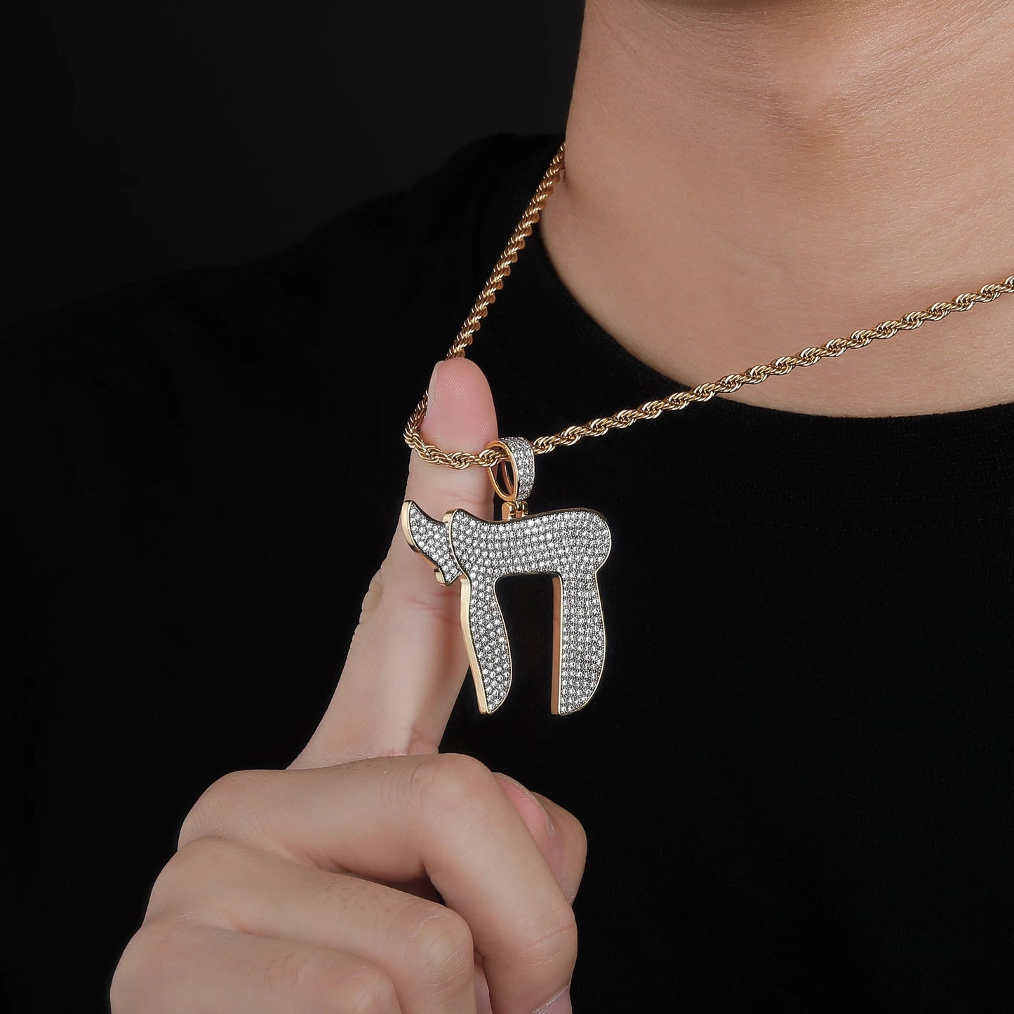 Gold Color Plated Iced Out Micro Pave CZ Stone Jewish Symbol  - Chai Charms Pendant