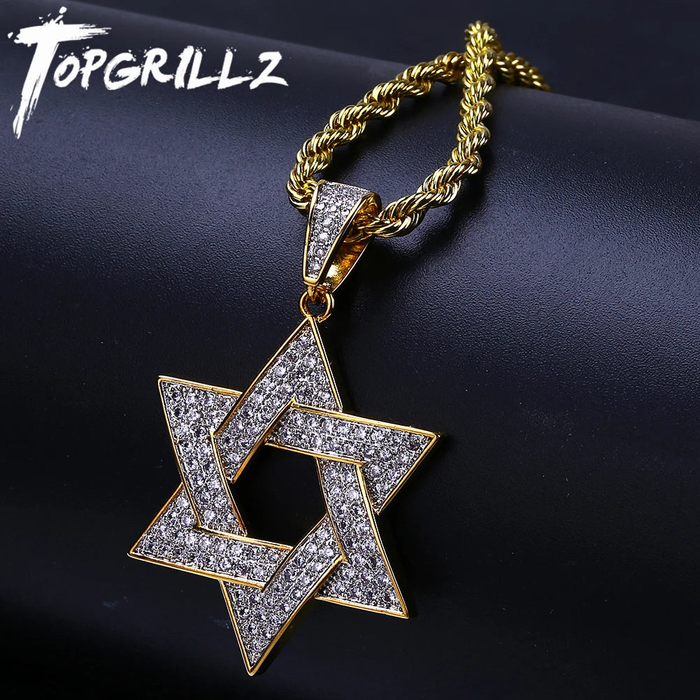 CZ Stone Star Of David Pendant Necklaces With Rope Style Chain