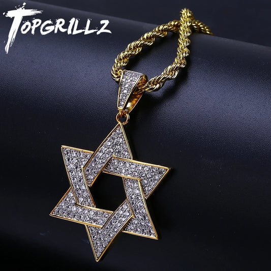 CZ Stone Star Of David Pendant Necklaces With Rope Style Chain