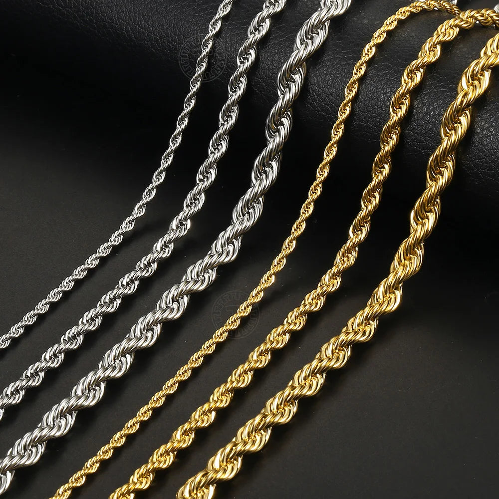 New Fashion Twisted Rope Link Chain -  Gold Color Stainless Steel Necklace for Men - Unisex Chain  22inch 3-7mm