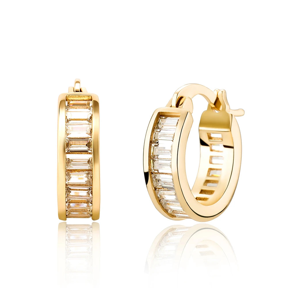 New Baguette Zircon Hoop Earrings - Gold Plated Iced Out CZ Earrings