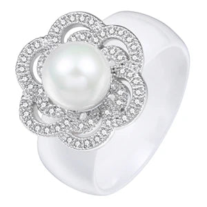 100% S925 Sterling Silver Women Rings - Iced Out CZ Crystal Flower - Pearl Ceramic Rings