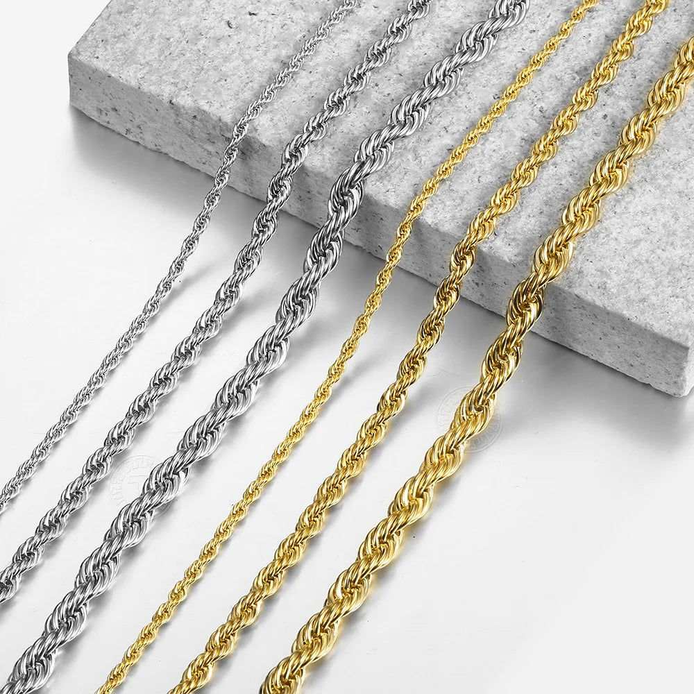 New Fashion Twisted Rope Link Chain -  Gold Color Stainless Steel Necklace for Men - Unisex Chain  22inch 3-7mm