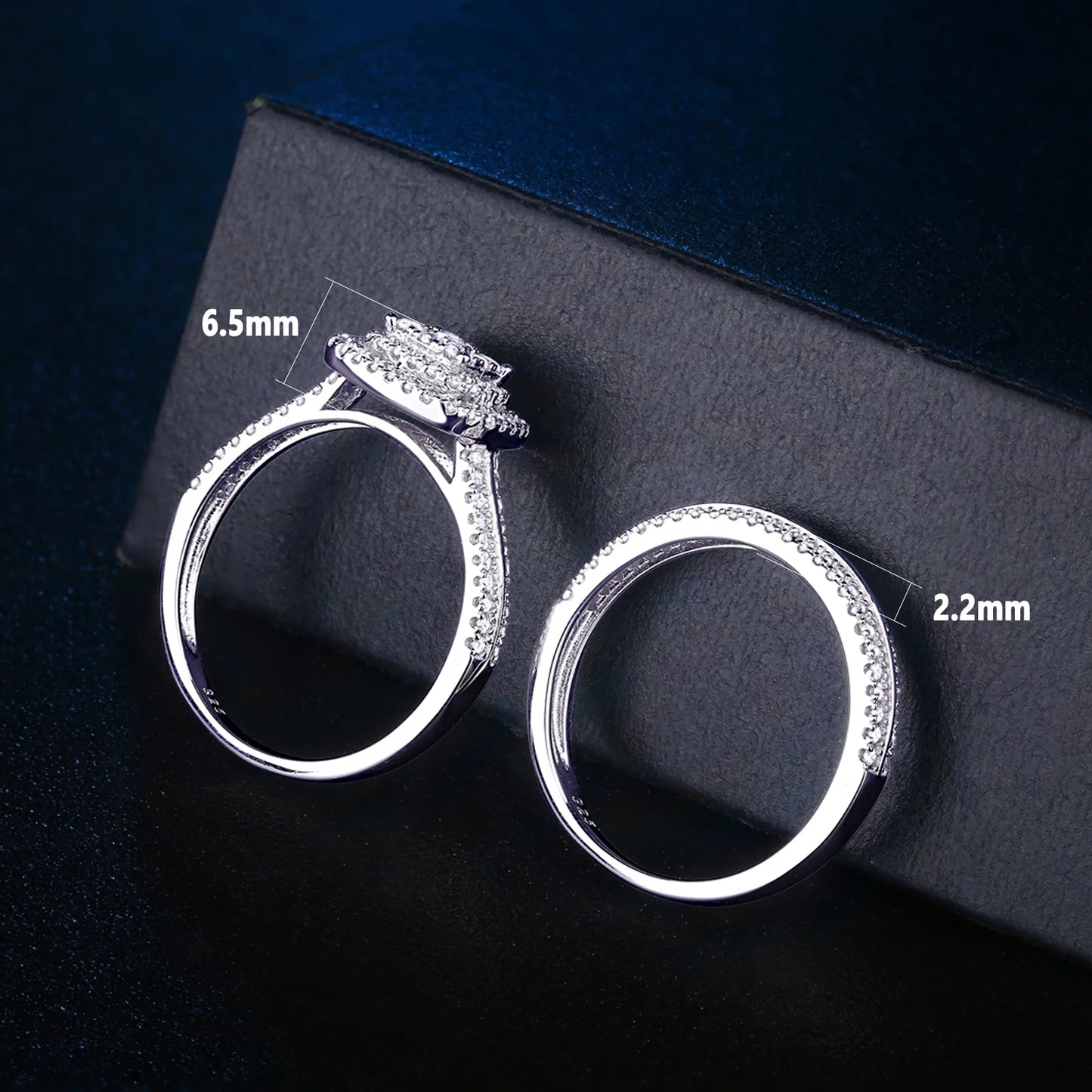 2Pcs Rings for Women - Solid 925 Sterling Silver - Halo Round Cut AAAAA Zircon
