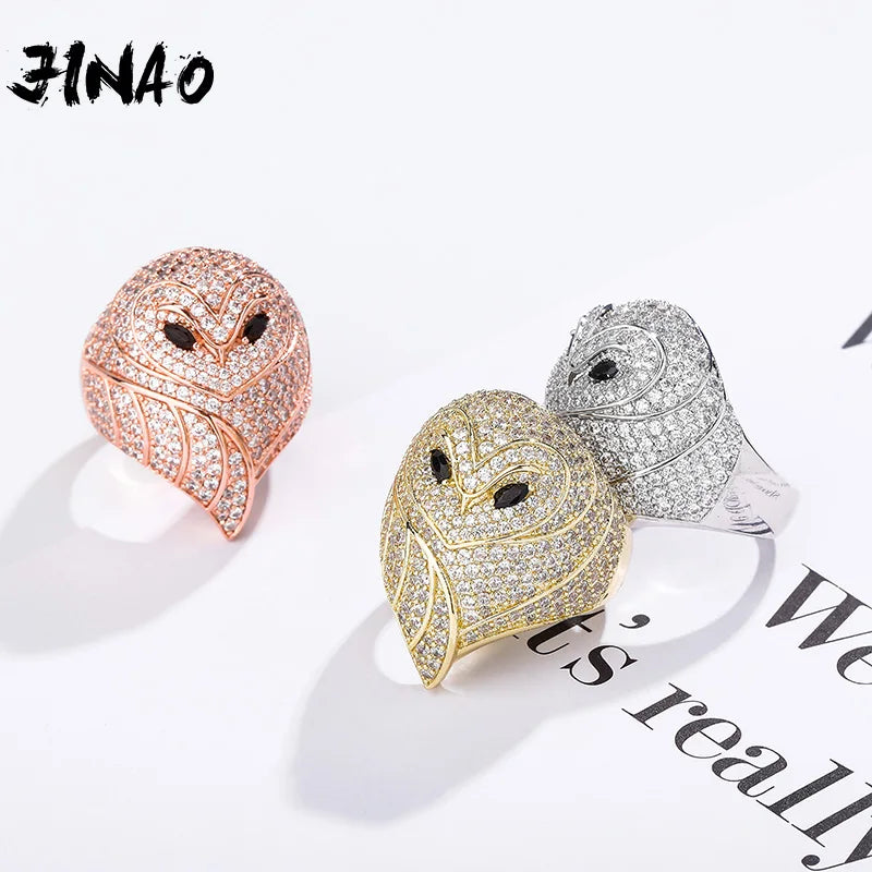 JINAO NEW Hip Hop AAA+ CZ Plated High Quality Iced Out Charm Owl Shape Men and Woman Ring Jewelry For Gift