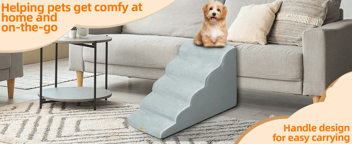 Dog Ramp Step Stairs - 5 Steps - Pet Stairs for High Beds and Sofa - Density Sponge Foam -  Removable Washable Cover