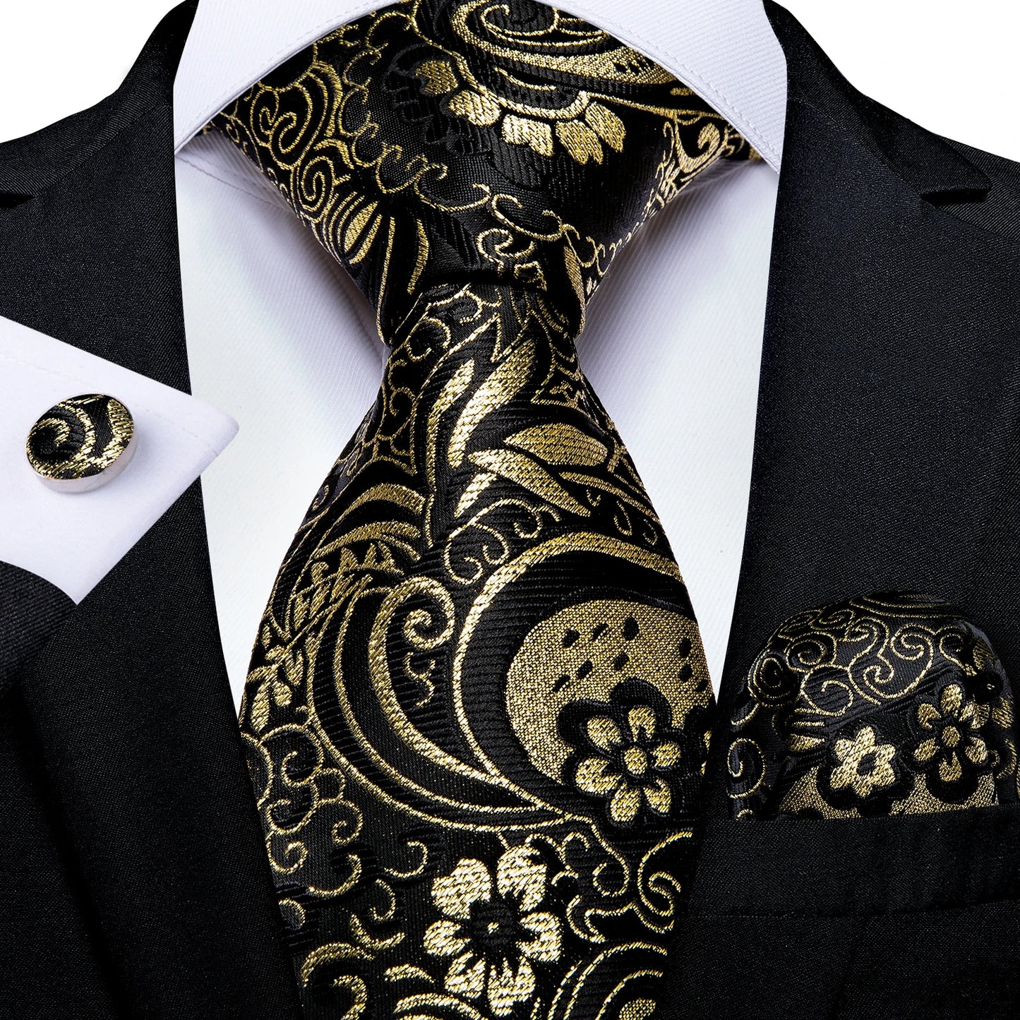 Luxury Mens Tie Black Golden Jacquard Necktie Pocket Square Cufflinks