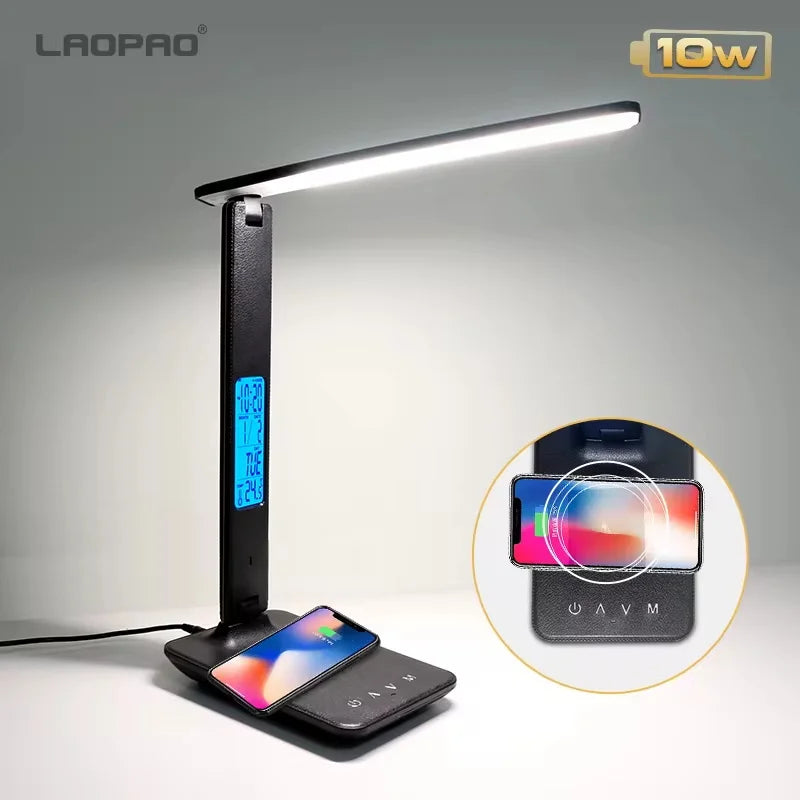 LAOPAO 10W QI Wireless Charging LED Desk Lamp - USB Charging Port Sliding - Dimmable Auto Timer with Night Light