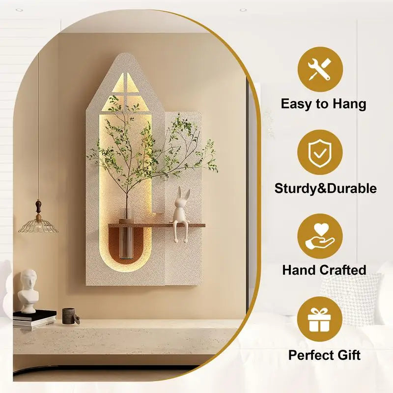 Adjustable 3-Color LED Sandstone Wall Decor with Green Plants - 3D Art Sculpture, Glass Vase & Rabbit Figurine, Remote Control