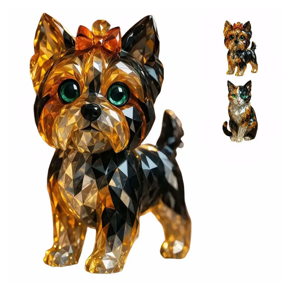 Fake Crystal Animal Sculptures Cat/Dog Figurines - Resin Collectible Art Clear Statue for Home Office Shelf Desk Decor