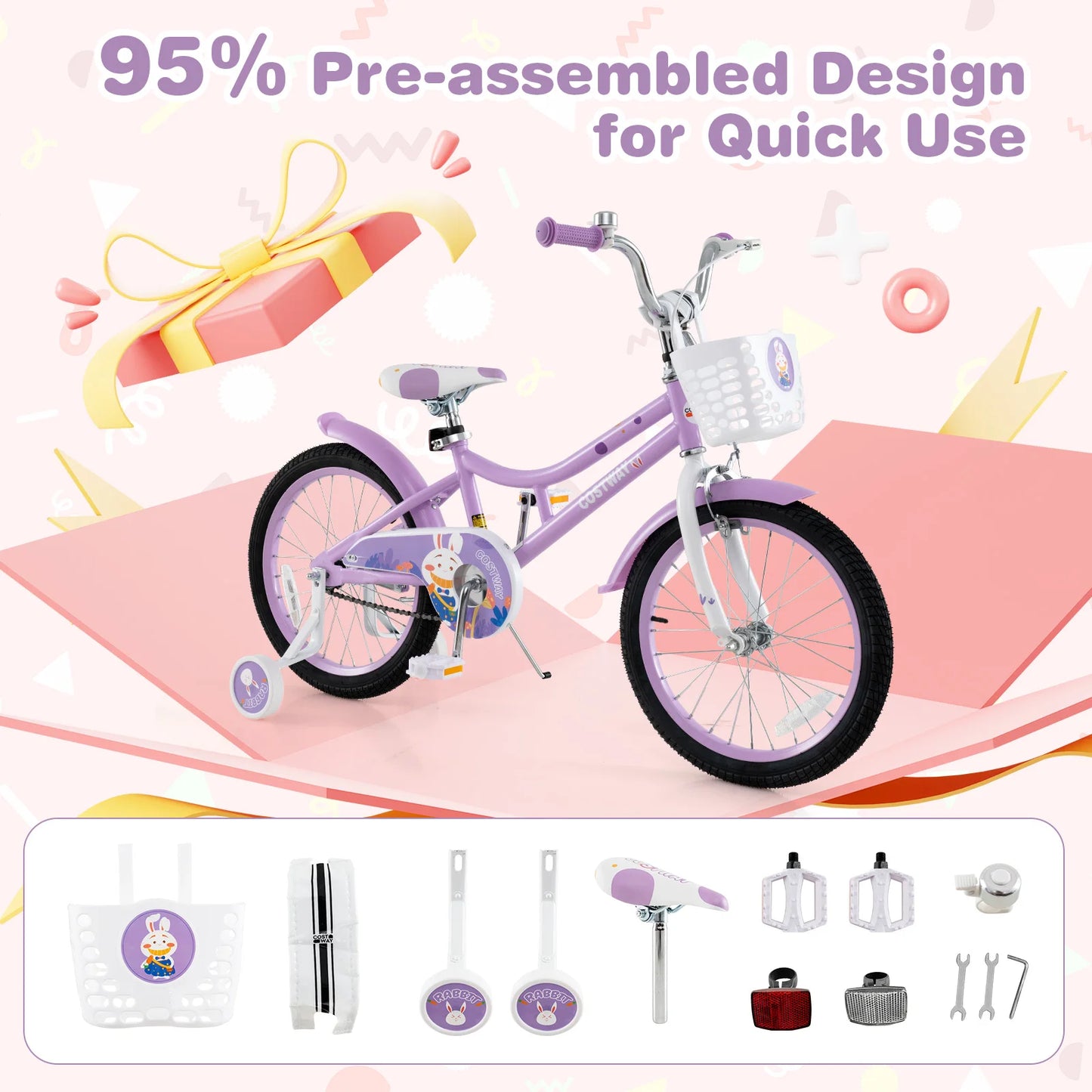Girl Bike w/Basket Detachable Training Wheels Adjustable Seat Handbrake